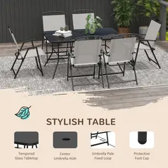 Outsunny Seven-Piece Garden Dining Set, with Glass-Top Table and Folding Chairs - Grey - 4