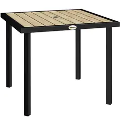Outsunny Square Garden Dining Table with 5.4cm Parasol Hole, Slatted Top, Metal Frame, 86 x 86 x 71cm, Brown - 1