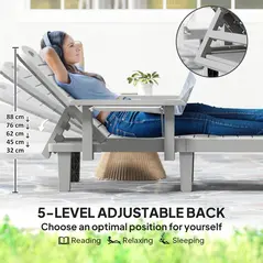 Outsunny Set of 2 Resin Reclining Sun Loungers for Garden, 5 Positions Adjustable Outdoor Chaise Lounge Chairs with Wood Texture Surface, Armrests, Foldable Side Table for Garden, Beach, Light Grey - 4