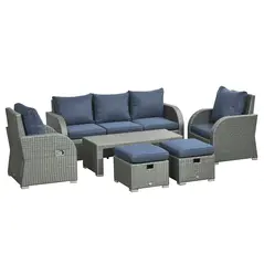 Outsunny Six-piece Outdoor Rattan Dining Set, Outdoor Sofa Set with Reclining Armchairs and Mental Frame, Blue - 1