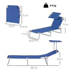 Outsunny Single Sun Lounger, with Awning and Reclining Back - Blue - 3