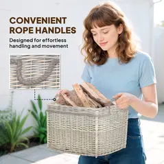 Outsunny Set of 3 Log Baskets for Wood Burner Indoor, Storage Basket with Lining and Rope Handles, Wicker Basket for Fireside Storage, Blankets, Beige - 6