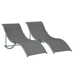 Outsunny Set of 2 S-shaped Foldable Lounge Chair Sun Lounger Reclining Outdoor Chair for Patio Beach Garden, Grey - 1