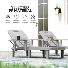 Outsunny Set of 2 Resin Reclining Sun Loungers for Garden, 5 Positions Adjustable Outdoor Chaise Lounge Chairs with Wood Texture Surface, Armrests, Foldable Side Table for Garden, Beach, Light Grey - 6
