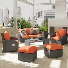Outsunny Six-piece Outdoor Rattan Dining Set, Outdoor Sofa Set with Reclining Armchairs and Mental Frame, Orange - 2