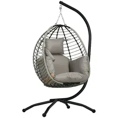 Outsunny Single Rattan Hanging Egg Chair, with Seat Cushion - Grey - 1