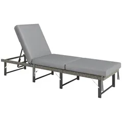 Outsunny Single Folding Rattan Sun Lounger, with Cushion - Grey - 1