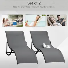 Outsunny Set of 2 S-shaped Foldable Lounge Chair Sun Lounger Reclining Outdoor Chair for Patio Beach Garden, Grey - 4