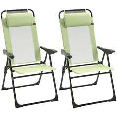 Outsunny Set of 2 Portable Folding Recliner Metal Outdoor Patio Chaise Lounge Chairs with Adjustable Backrest, Green - 1