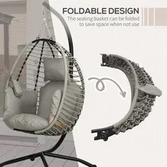 Outsunny Single Rattan Hanging Egg Chair, with Seat Cushion - Grey - 5