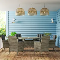 Outsunny Seven-Piece Rattan Dining Table, with Round Glass-Top Table - Light Grey - 8