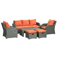 Outsunny Six-piece Outdoor Rattan Dining Set, Outdoor Sofa Set with Reclining Armchairs and Mental Frame, Orange - 1