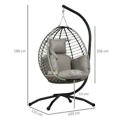 Outsunny Single Rattan Hanging Egg Chair, with Seat Cushion - Grey - 3