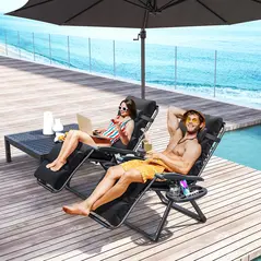 Outsunny Set of Two Reclining Sun Loungers, with Cushion - Black - 2