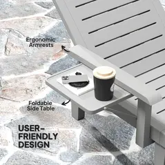 Outsunny Set of 2 Resin Reclining Sun Loungers for Garden, 5 Positions Adjustable Outdoor Chaise Lounge Chairs with Wood Texture Surface, Armrests, Foldable Side Table for Garden, Beach, Light Grey - 5