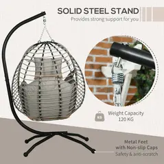 Outsunny Single Rattan Hanging Egg Chair, with Seat Cushion - Grey - 4