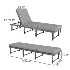 Outsunny Single Folding Rattan Sun Lounger, with Cushion - Grey - 3