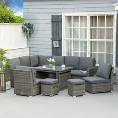 Outsunny Seven-Piece Rattan Garden Sofa Set, with Expanding Table - Grey - 2