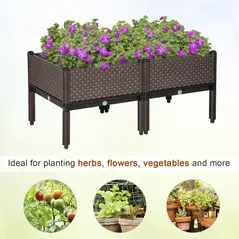 Outsunny Set of 2 Indoor/Outdoor Planter Boxes | Garden Raised Elevated Beds, Flowers Vegetables Fruits Herbs Container w/ Self-Watering Design Drainage Holes, Brown - 6