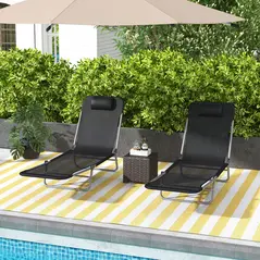 Outsunny Set of Two Steel Frame Sun Loungers, with Reclining Backs - Black - 2