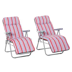 Outsunny Set of 2 Garden Sun Lounger Outdoor Reclining Seat Cushioned Seat Foldable Adjustable Recliner Red and White - 1