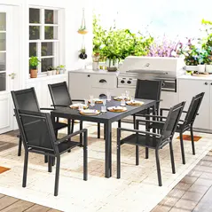Outsunny Seven-Piece Garden Dining Set, with Plastic Wood-Top Table - Black - 7