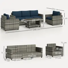 Outsunny Six-Piece Modular Rattan Sofa Set - Navy Blue - 3