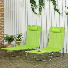 Outsunny Set of Two Steel Frame Sun Loungers, with Reclining Backs - Green - 2