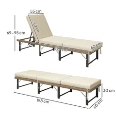 Outsunny Single Folding Rattan Sun Lounger, with Cushion - Grey - 3