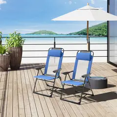 Outsunny Set of 2 Portable Folding Recliner Metal Outdoor Patio Chaise Lounge Chairs with Adjustable Backrest, Blue - 2