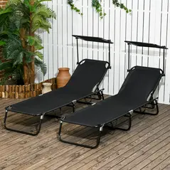 Outsunny Set of Two Folding Sun Loungers, with Adjustable Backs and Sun Canopies - Black - 2