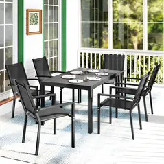 Outsunny Seven-Piece Garden Dining Set, with Plastic Wood-Top Table - Black - 8