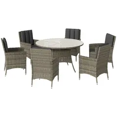 Outsunny Seven-Piece Rattan Dining Table, with Round Glass-Top Table - Light Grey - 1