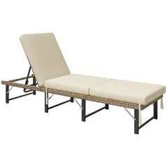 Outsunny Single Folding Rattan Sun Lounger, with Cushion - Grey - 1