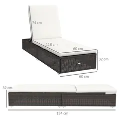 Outsunny Set of Two Rattan Sun Loungers, with Reclining Backs - Brown/Cream - 3