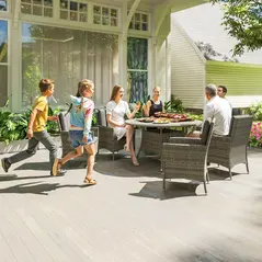 Outsunny Seven-Piece Rattan Dining Table, with Round Glass-Top Table - Light Grey - 7