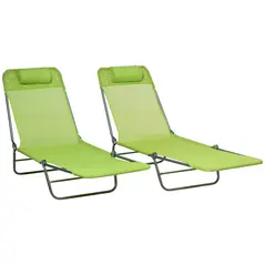 Outsunny Set of Two Steel Frame Sun Loungers, with Reclining Backs - Green - 1