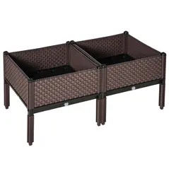 Outsunny Set of 2 Indoor/Outdoor Planter Boxes | Garden Raised Elevated Beds, Flowers Vegetables Fruits Herbs Container w/ Self-Watering Design Drainage Holes, Brown - 1