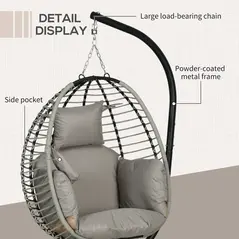 Outsunny Single Rattan Hanging Egg Chair, with Seat Cushion - Grey - 7