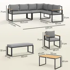 Outsunny Six Piece L Shaped Garden Furniture Set with 3 Loveseats - Natural Wood Finish - 3