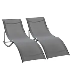 Outsunny Set of 2 S-shaped Foldable Lounge Chair Sun Lounger Reclining Outdoor Chair for Patio Beach Garden, Grey - 8