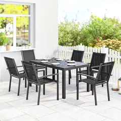 Outsunny Seven-Piece Garden Dining Set, with Plastic Wood-Top Table - Black - 2