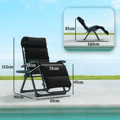 Outsunny Set of Two Reclining Sun Loungers, with Cushion - Black - 3