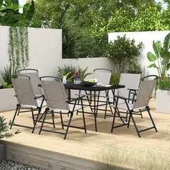 Outsunny Seven-Piece Garden Dining Set, with Glass-Top Table and Folding Chairs - Grey - 2
