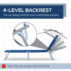Outsunny Single Sun Lounger, with Awning and Reclining Back - Blue - 4