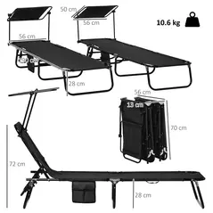 Outsunny Set of Two Folding Sun Loungers, with Adjustable Backs and Sun Canopies - Black - 3