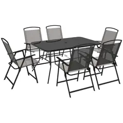 Outsunny Seven-Piece Garden Dining Set, with Glass-Top Table and Folding Chairs - Grey - 1
