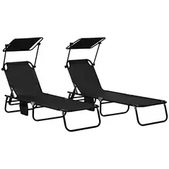 Outsunny Set of Two Folding Sun Loungers, with Adjustable Backs and Sun Canopies - Black - 1