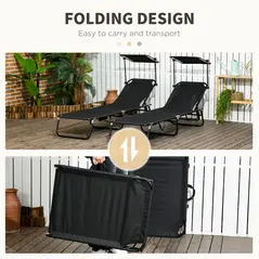 Outsunny Set of Two Folding Sun Loungers, with Adjustable Backs and Sun Canopies - Black - 6