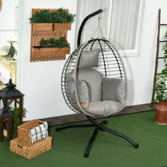 Outsunny Single Rattan Hanging Egg Chair, with Seat Cushion - Grey - 2